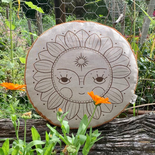 Large Soleil flower linen round cushion