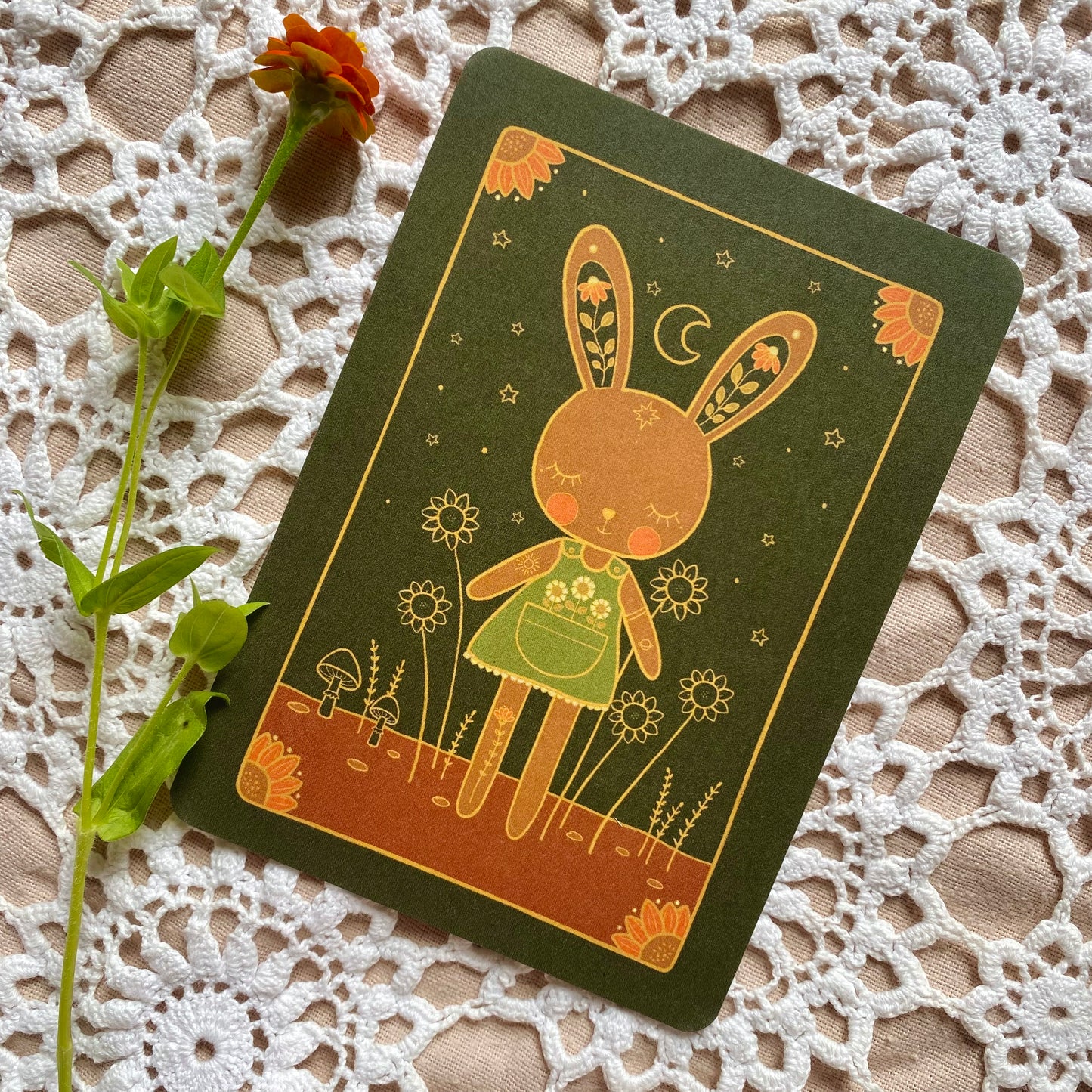 Bunny mini print postcard in moonlight