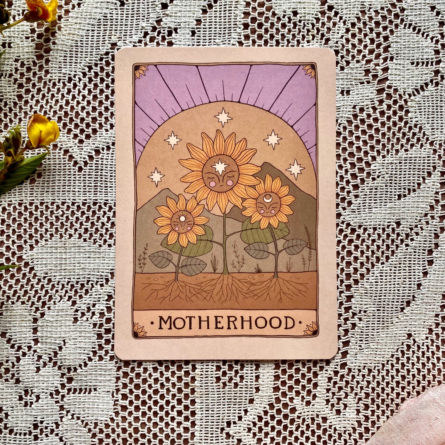 Collection of 5 earthy toned celestial sunflower Mama Earth postcards
