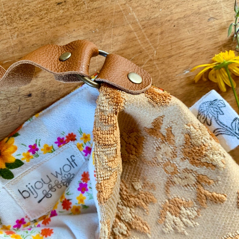 Kids vintage fabric bohemian treasure bag caramel velvet floral tapestry ooak unique