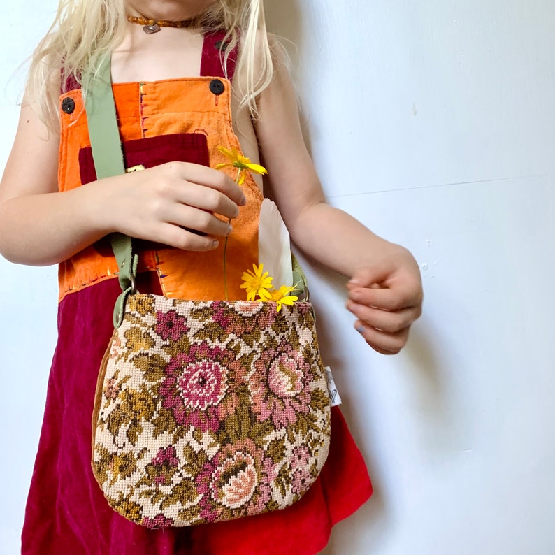 Kids vintage fabric bohemian treasure bag rose floral tapestry ooak unique