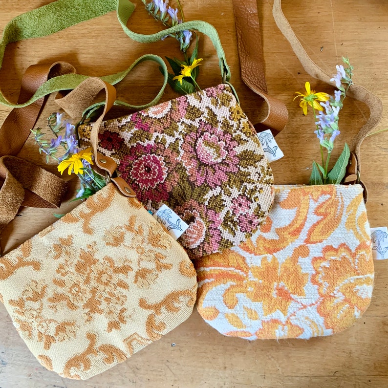Kids vintage fabric bohemian treasure bag yellow tones tapestry ooak unique