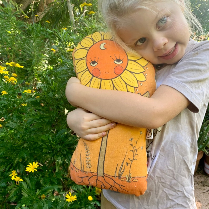 Sunflower friend linen original illustration bohemian plush toy pillow cushion doll flower kids decor