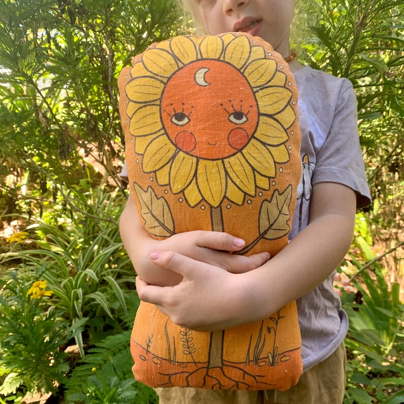 Sunflower friend linen original illustration bohemian plush toy pillow cushion doll flower kids decor