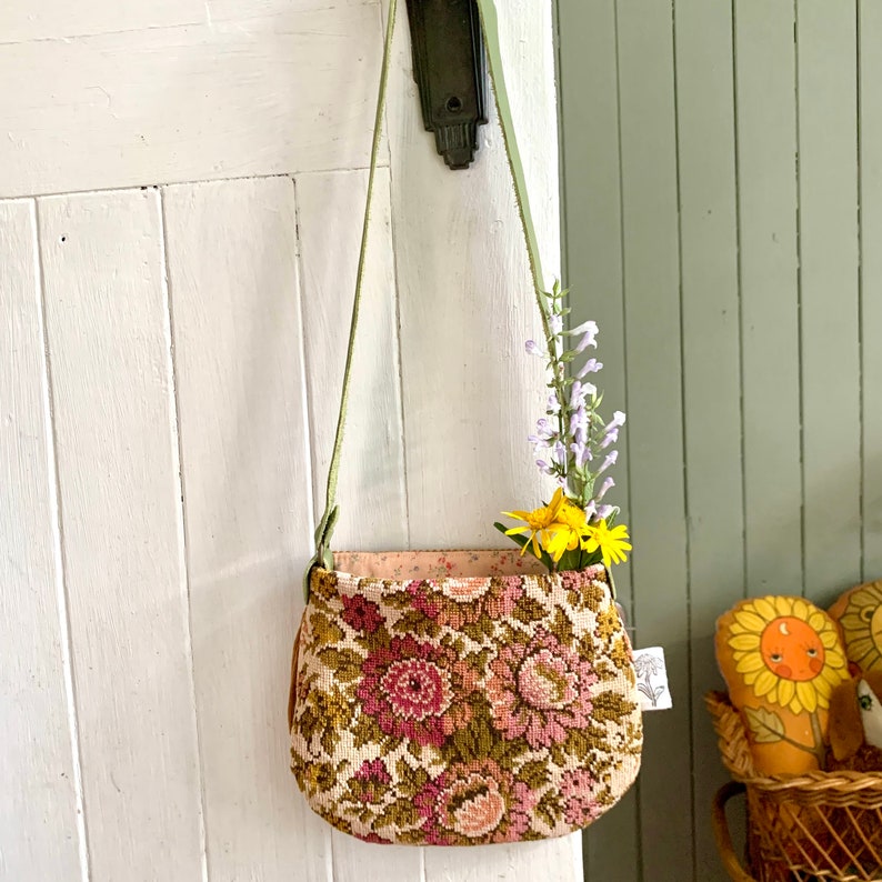 Kids vintage fabric bohemian treasure bag rose floral tapestry ooak unique