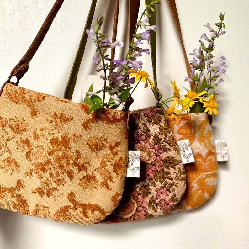 Kids vintage fabric bohemian treasure bag rose floral tapestry ooak unique
