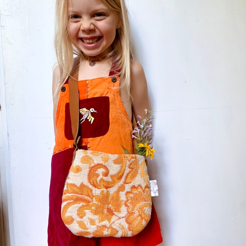 Kids vintage fabric bohemian treasure bag yellow tones tapestry ooak unique