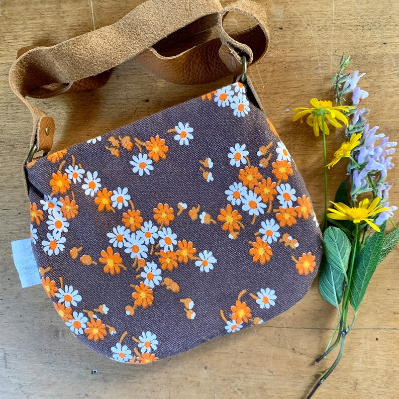 Kids vintage fabric bohemian treasure bag yellow tones tapestry ooak unique