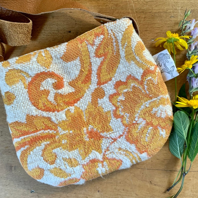 Kids vintage fabric bohemian treasure bag yellow tones tapestry ooak unique