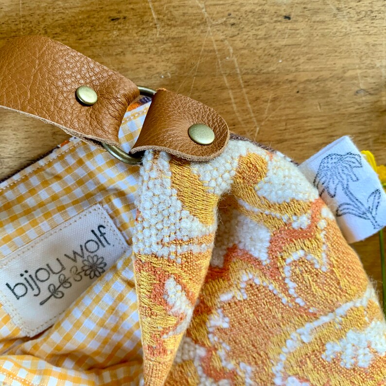Kids vintage fabric bohemian treasure bag yellow tones tapestry ooak unique