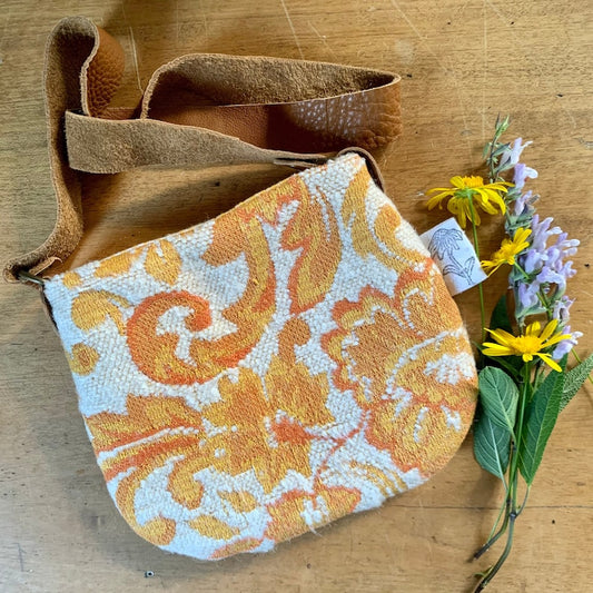 Kids vintage fabric bohemian treasure bag yellow tones tapestry ooak unique