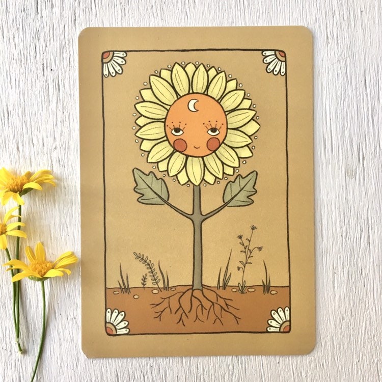 Sunflower face bohemian tarot postcard mini print