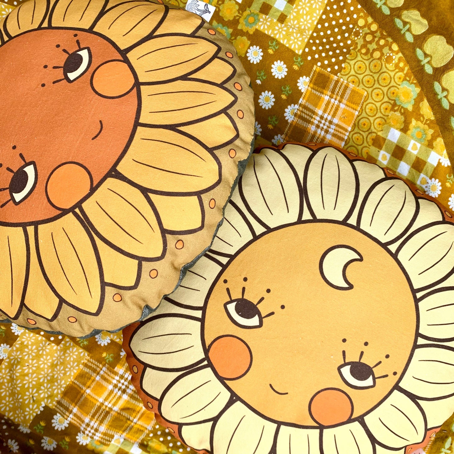 Sunflower face round organic canvas cushion in sunshine