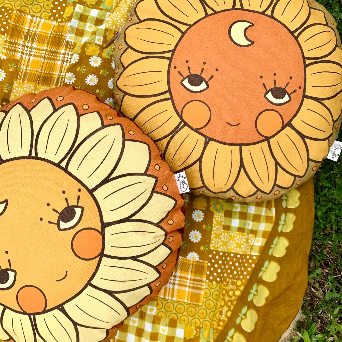Sunflower face round organic canvas cushion in sunshine