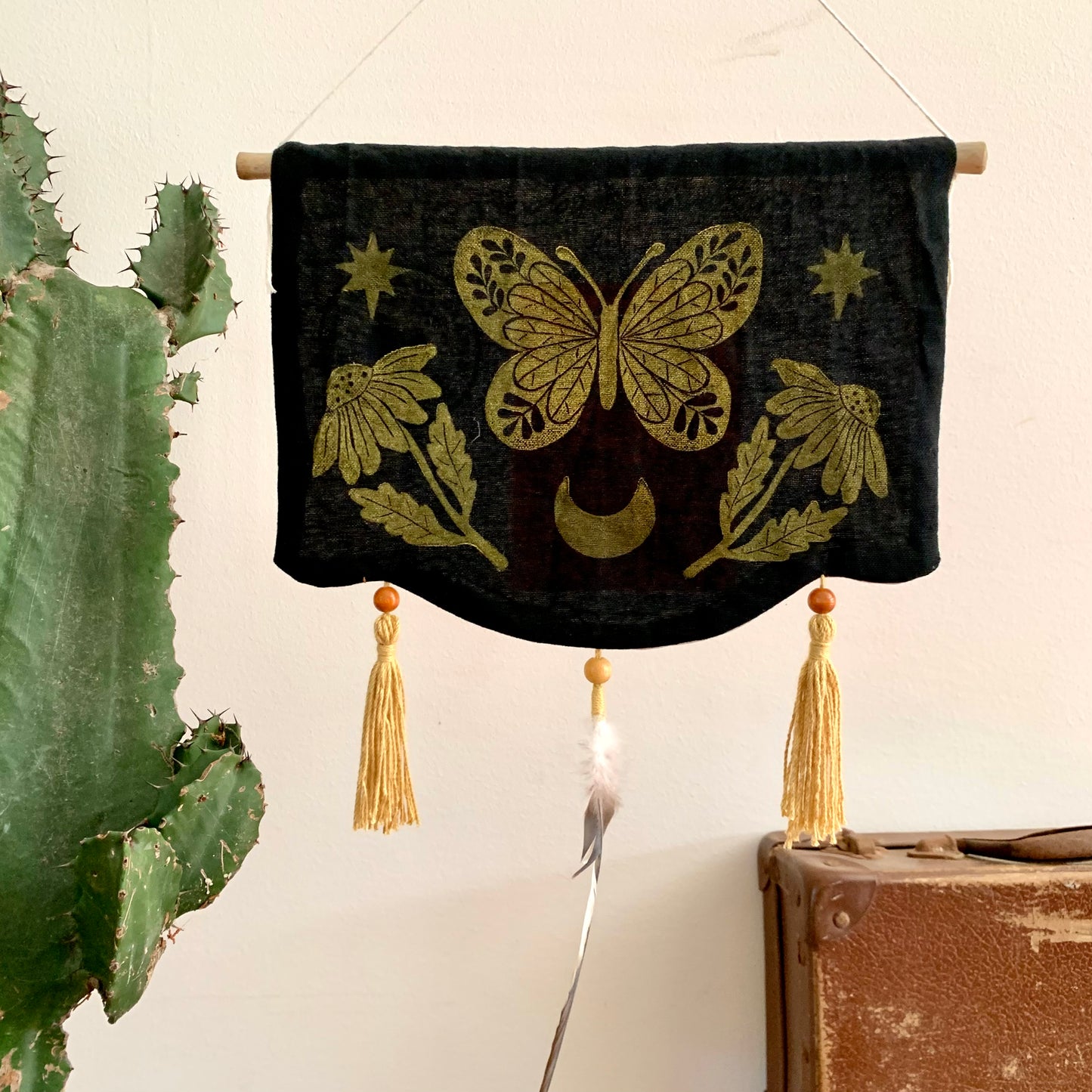 Block printed black linen butterfly wall hanging