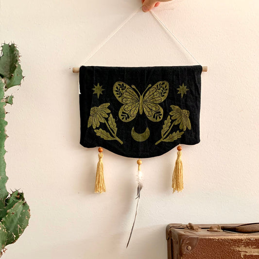 Block printed black linen butterfly wall hanging