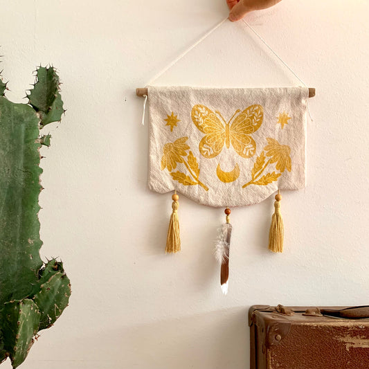 Linen butterfly block printed wall hanging
