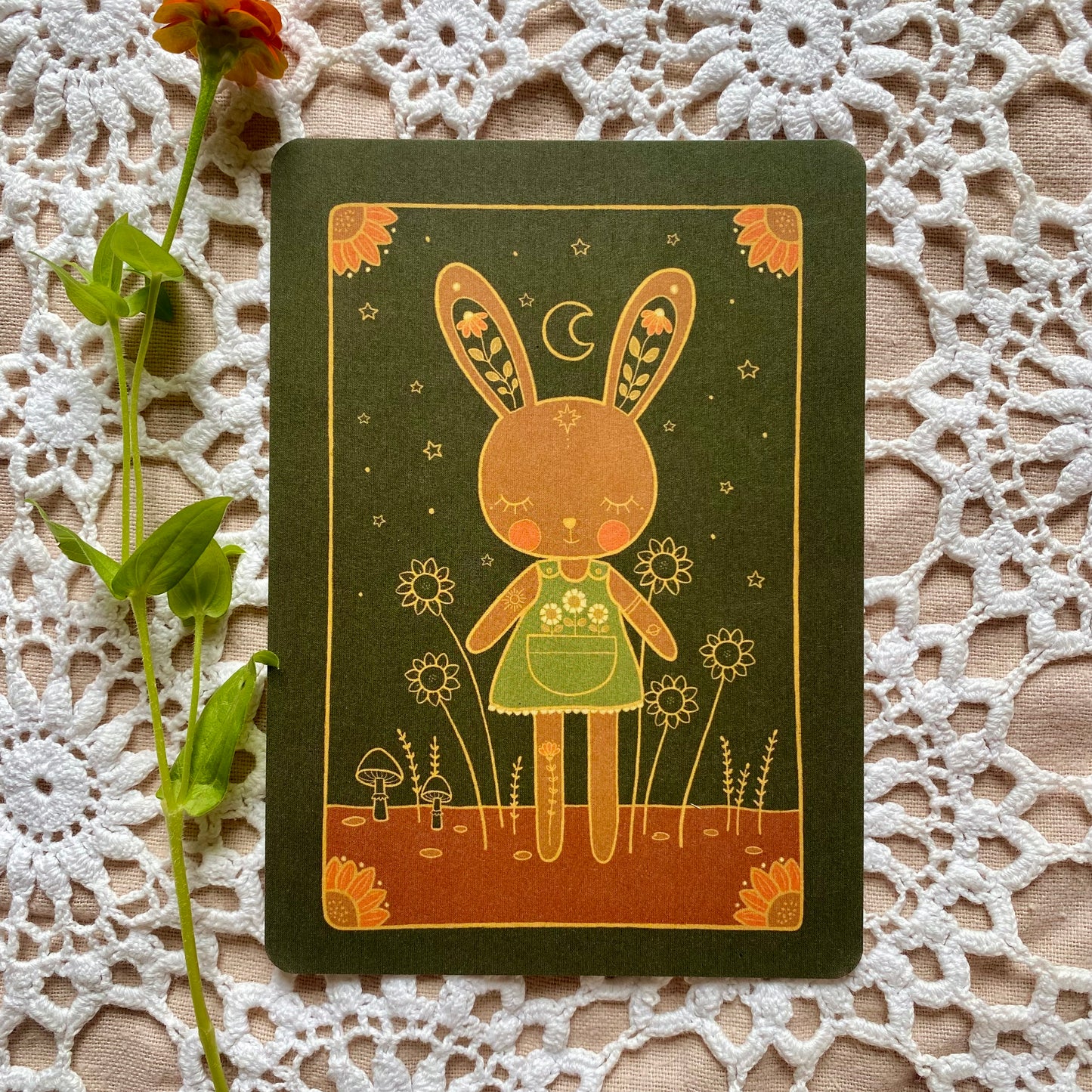 Bunny mini print postcard in moonlight