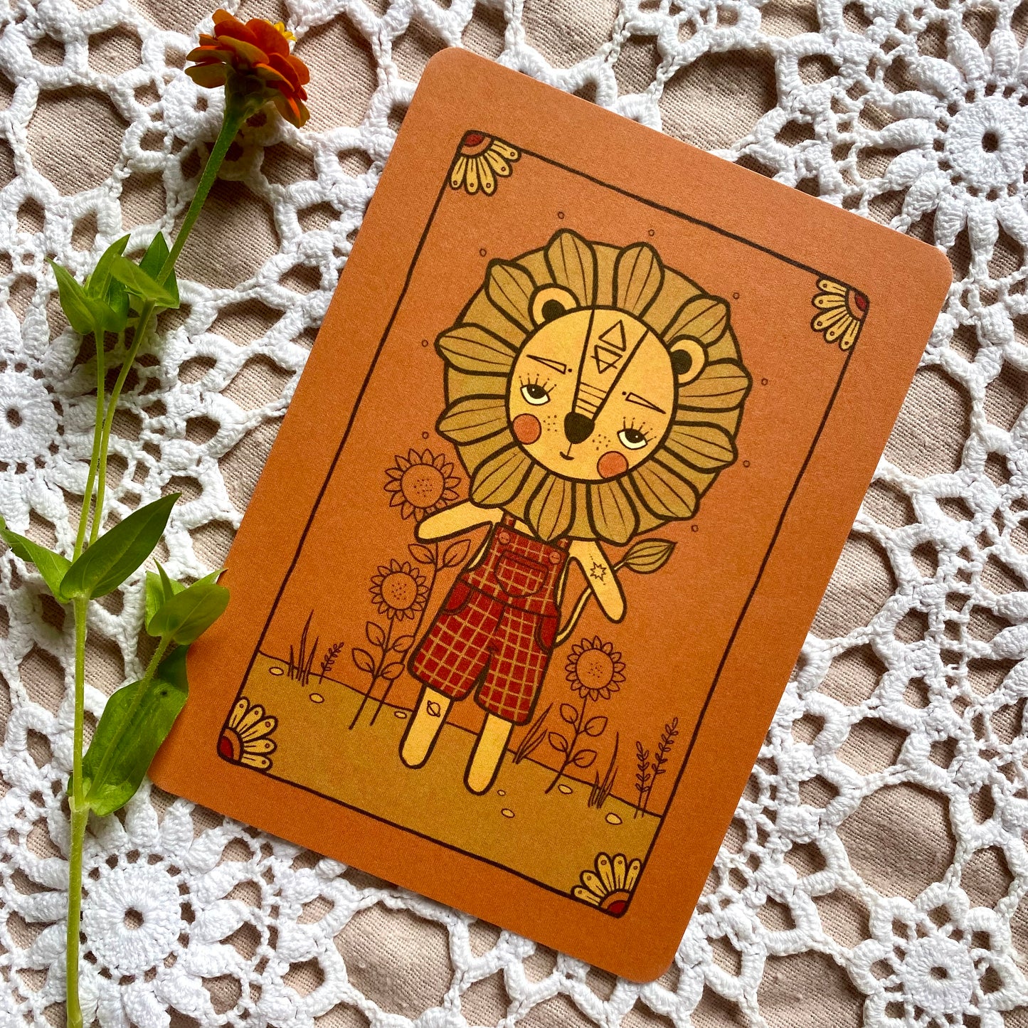 Lion mini print postcard in ochre