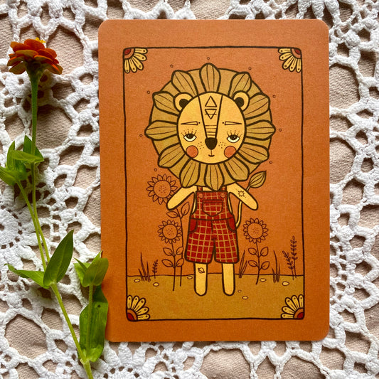 Lion mini print postcard in ochre
