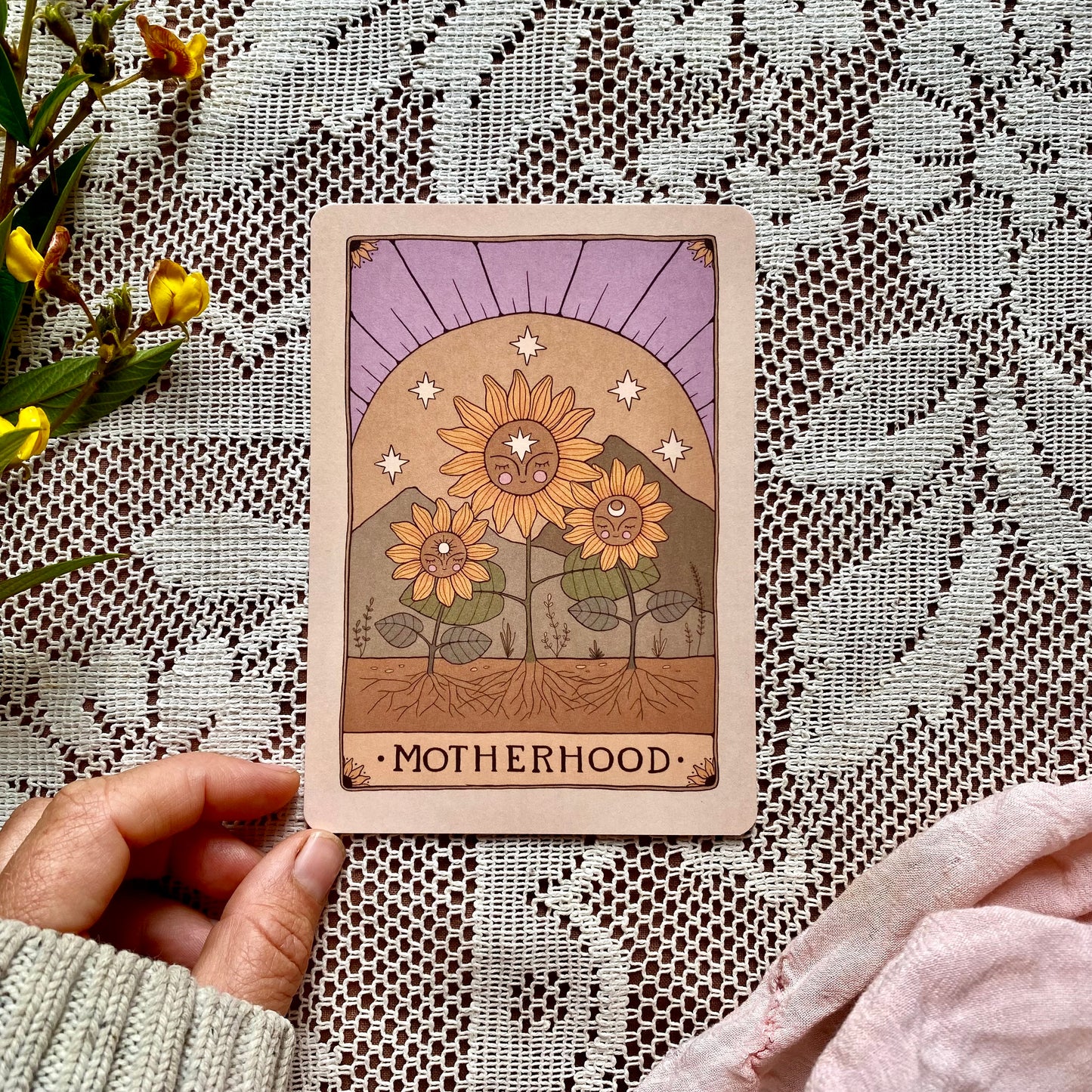 motherhood sunflower celestial tarot inspired postcard mini print