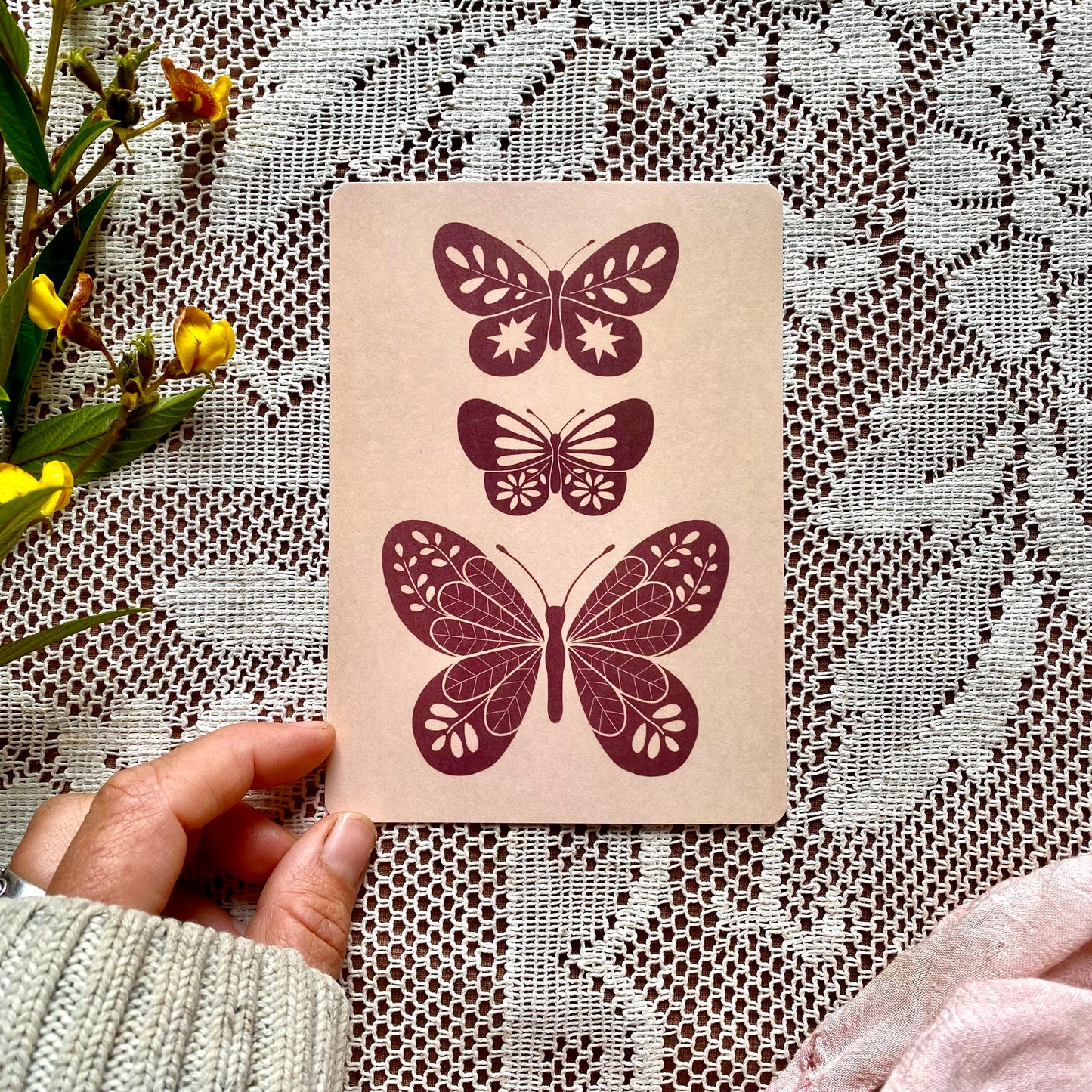 butterfly folk earthy postcard mini print