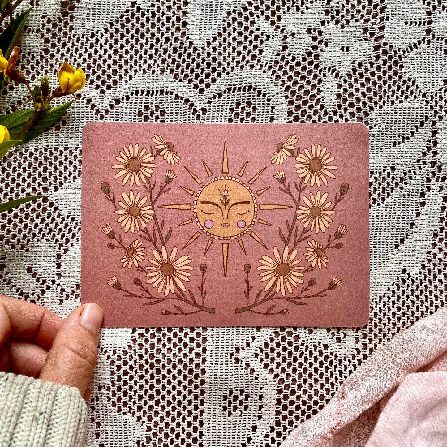 Collection of 5 earthy toned celestial sunflower Mama Earth postcards