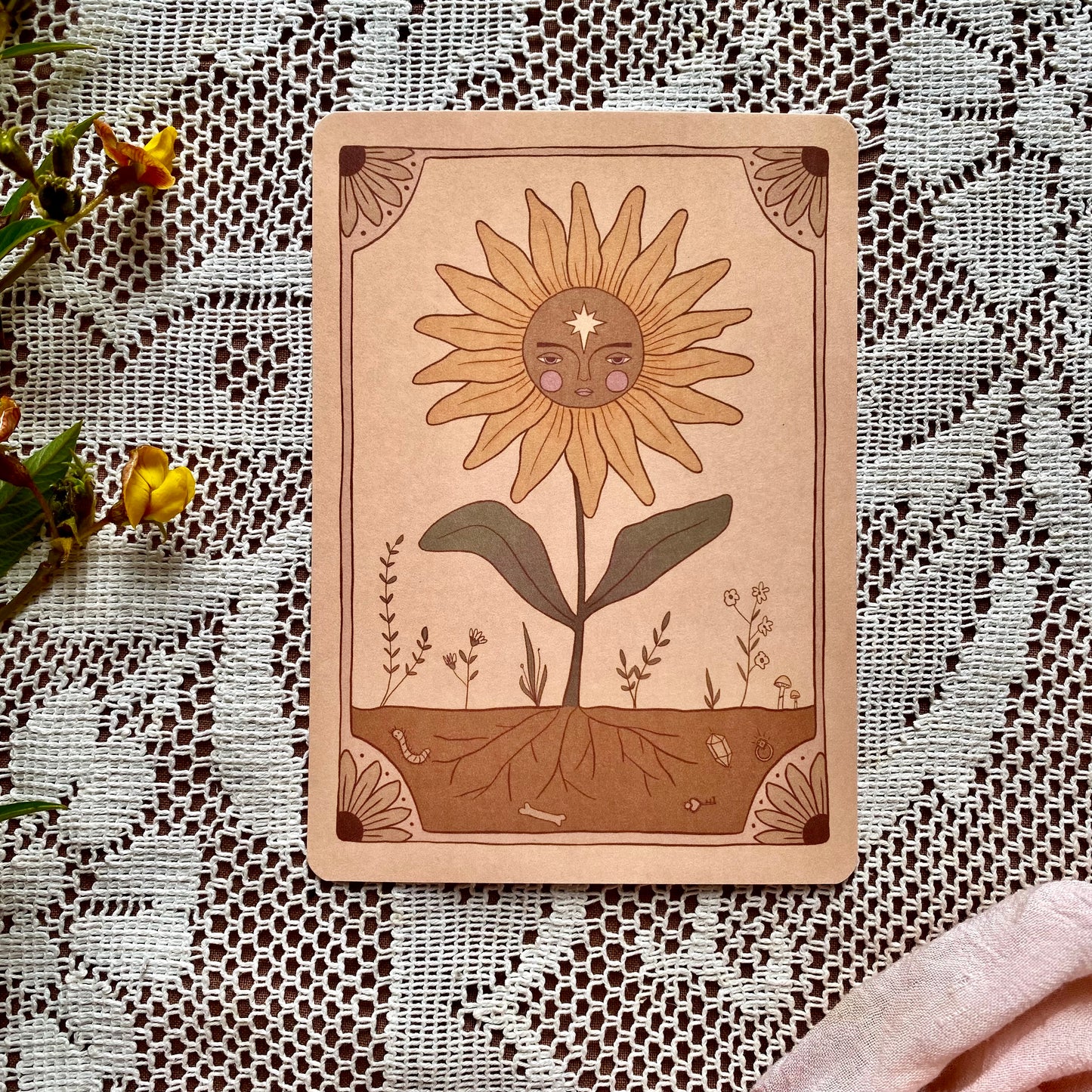 Collection of 5 earthy toned celestial sunflower Mama Earth postcards