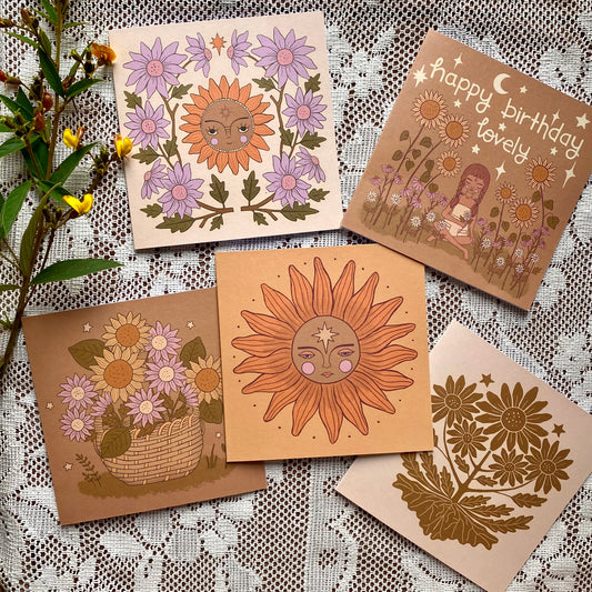 Collection of 5 earthy toned celestial sunflower greeting cards