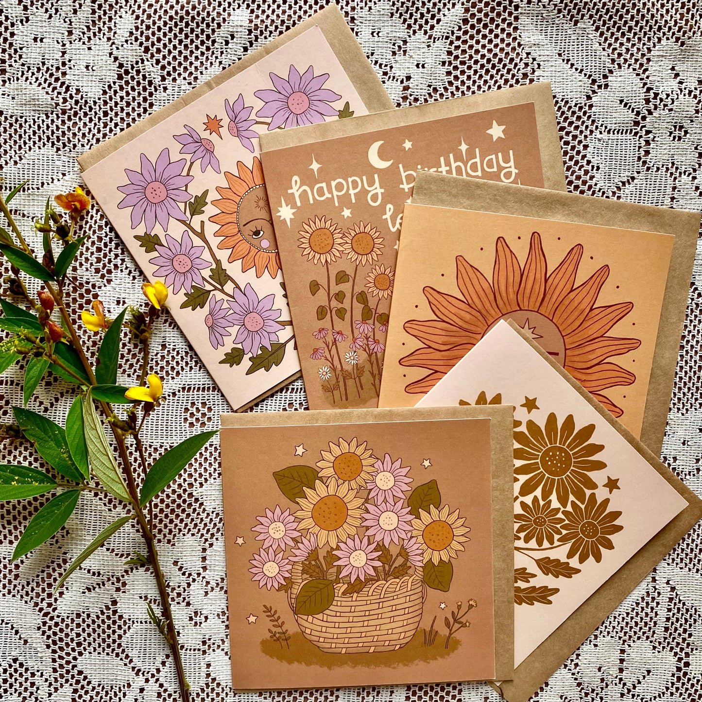 Collection of 5 earthy toned celestial sunflower greeting cards