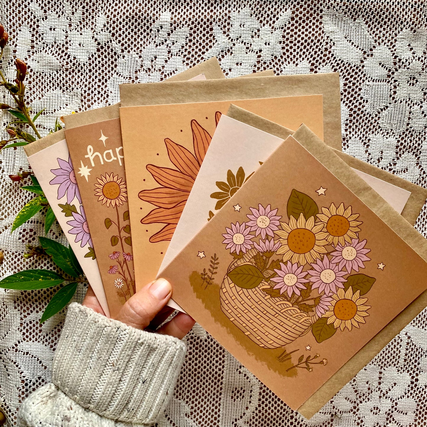 Collection of 5 earthy toned celestial sunflower greeting cards