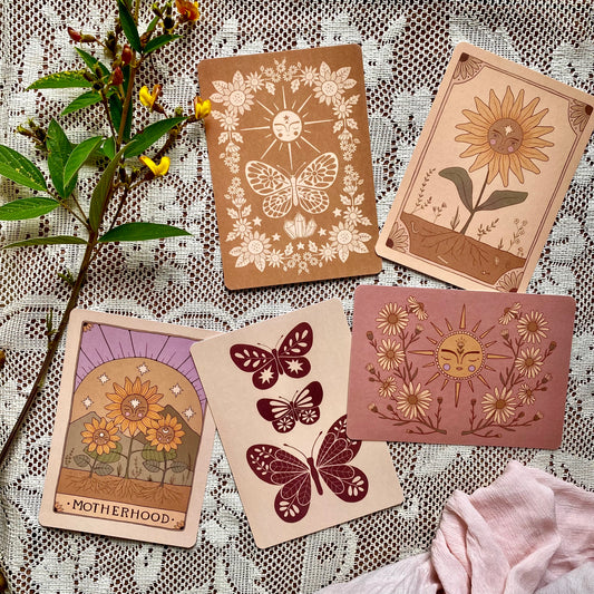 Collection of 5 earthy toned celestial sunflower Mama Earth postcards