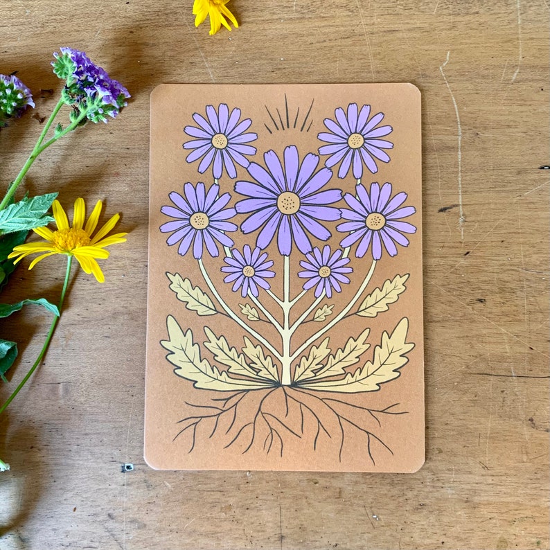 Wild daisy in ochre bohemian botanical postcard