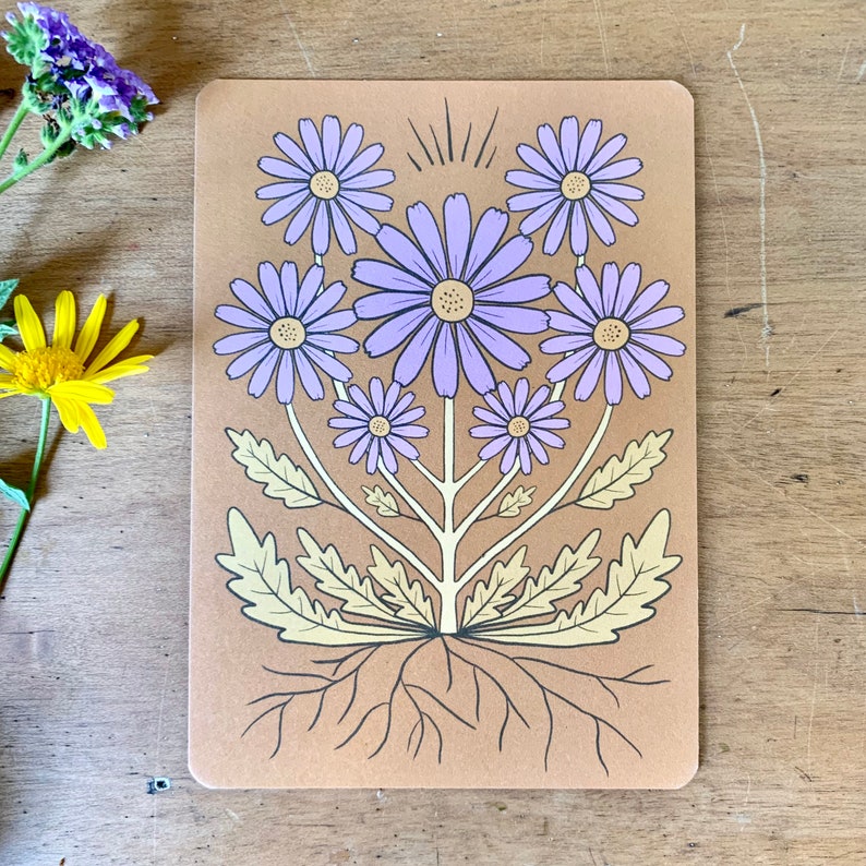 Wild daisy in ochre bohemian botanical postcard