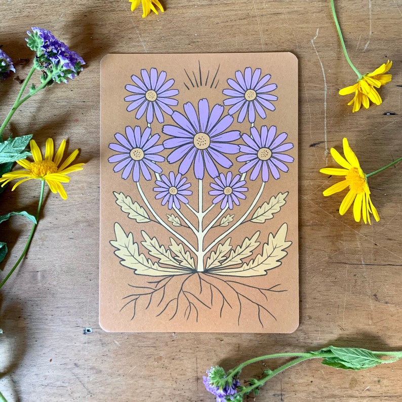 Wild daisy in ochre bohemian botanical postcard