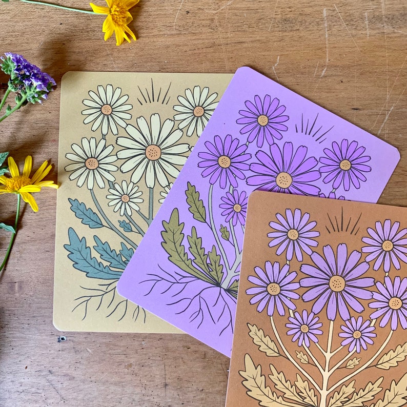 Set of 3 wild daisy earthy toned bohemian postcards