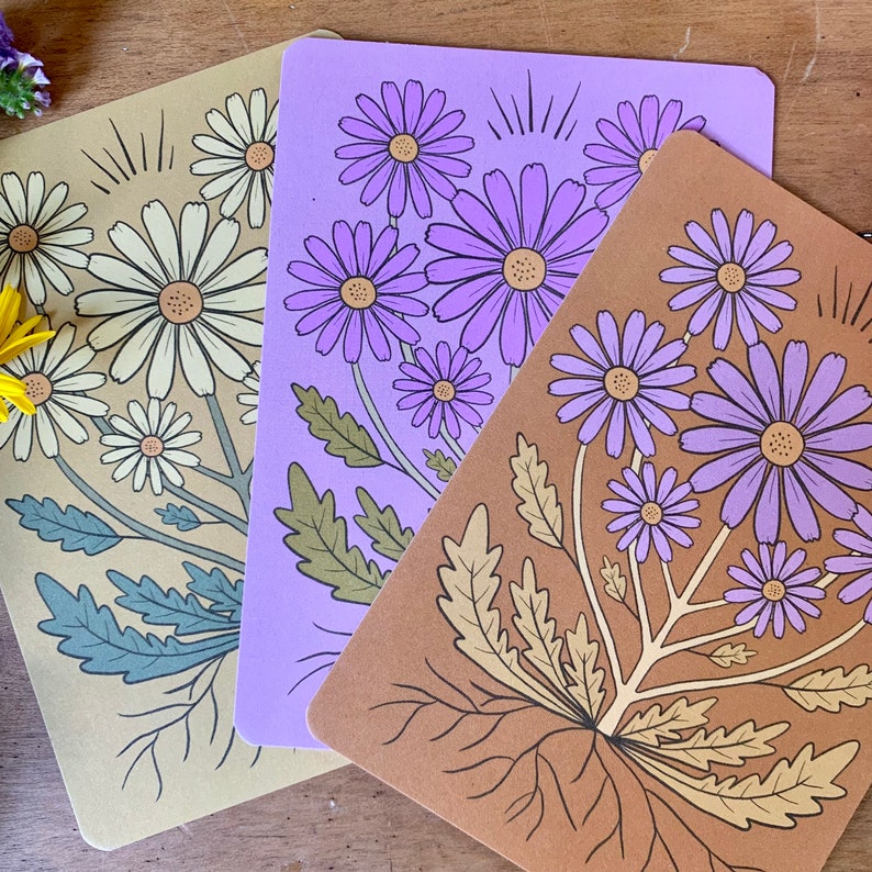 Set of 3 wild daisy earthy toned bohemian postcards