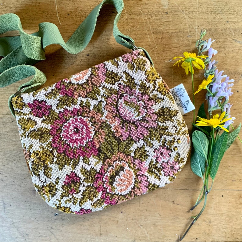 Kids vintage fabric bohemian treasure bag rose floral  tapestry ooak unique