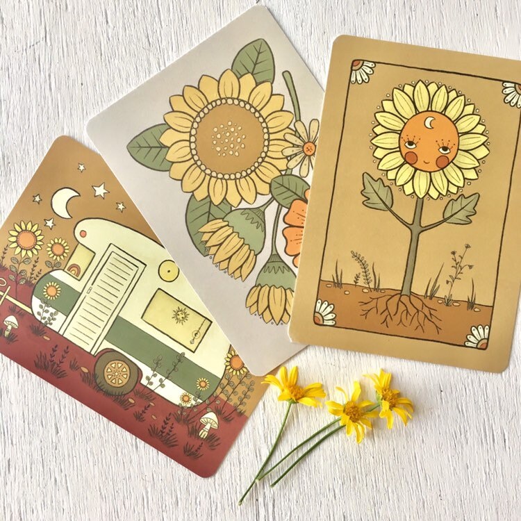 Sunflower face bohemian tarot postcard mini print