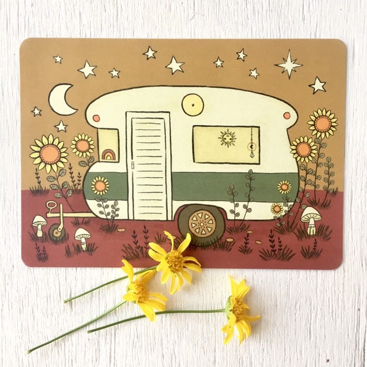 Set of 3 postcards mini prints celestial sunflower van life