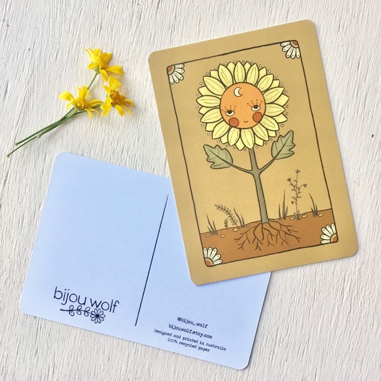 Sunflower face bohemian tarot postcard mini print