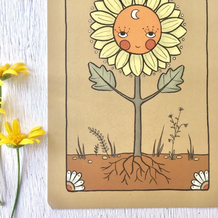 Sunflower face bohemian tarot postcard mini print