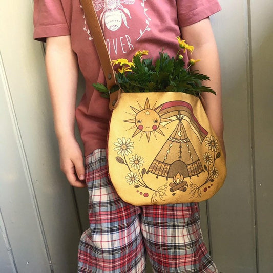 Kids organic canvas celestial teepee treasure bag in ochre, sage or turmeric