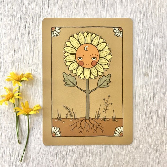 Sunflower face bohemian tarot postcard mini print