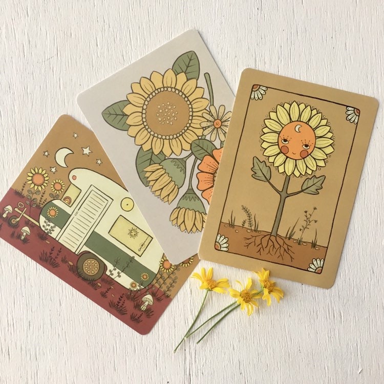 Set of 3 postcards mini prints celestial sunflower van life