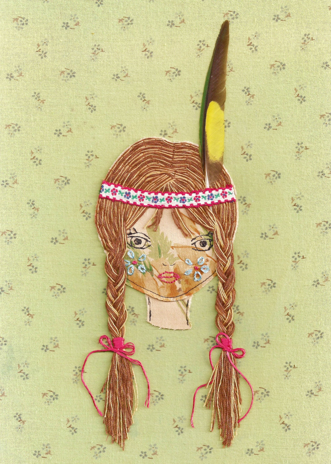 Indian girl stitched collage art print illustration