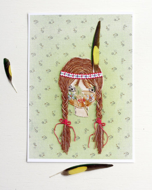 Indian girl stitched collage art print illustration